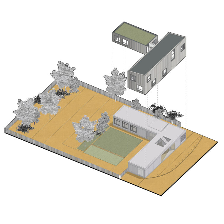 Architecture tertiaire - construction locaux d’activités Genimap SAS bâtiment tertiaire neuf-Le2bis, Atelier d'architecture et d'urbanisme - Toulouse - Occitanie - Dessin architectural isométrique d'une maison avec cour et arbres, montrant un module rectangulaire à l'étage en train d'être soulevé au-dessus du bâtiment principal, illustrant un projet de construction d'un architecte basé à Toulouse.