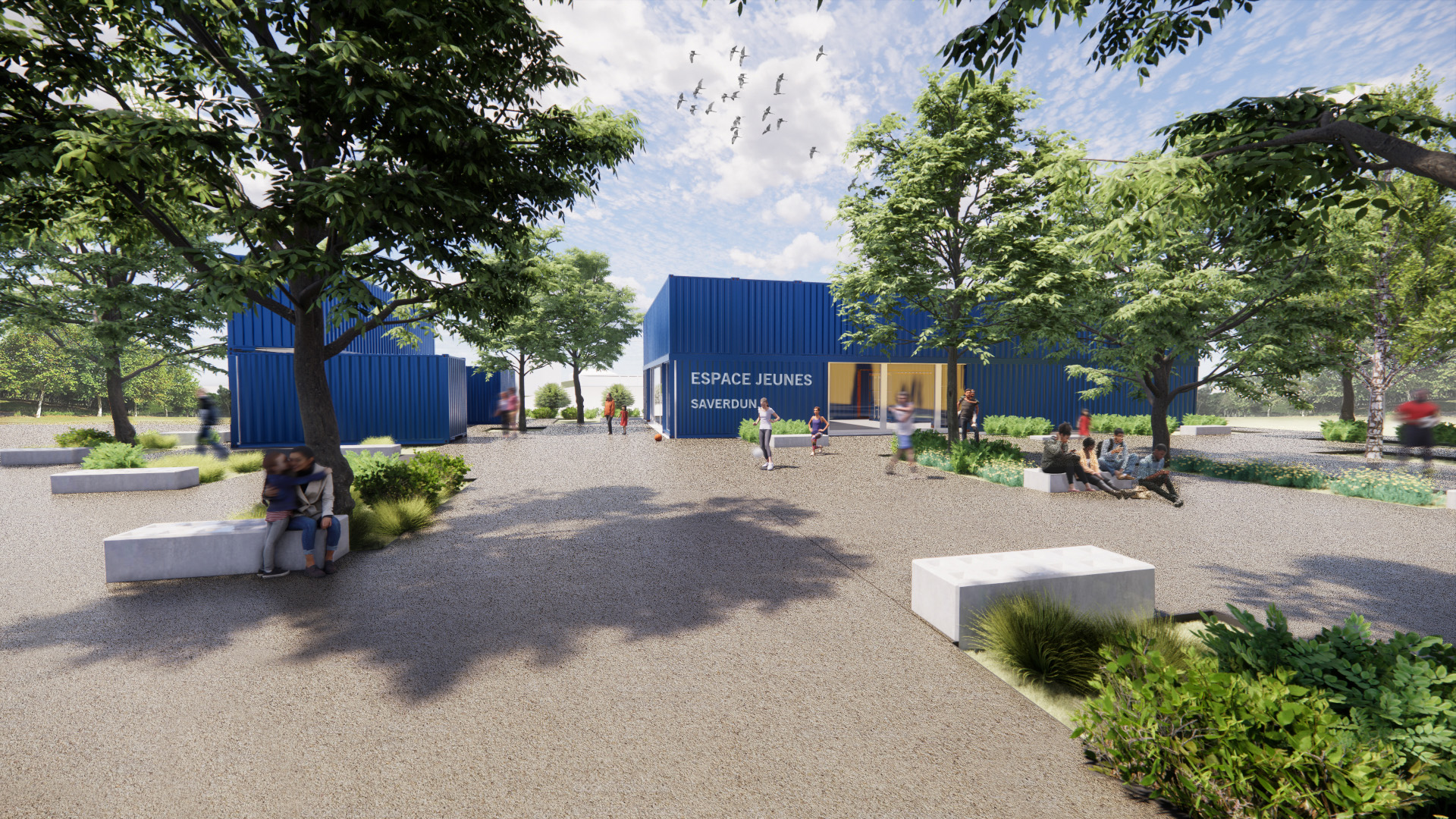 architecture en container - Le2bis, Atelier d'architecture et d'urbanisme - Toulouse - Occitanie - Équipement public - architecture en container bâtiment accueil Saverdun - Les gens se promènent et s'assoient sur une place en plein air remplie d'arbres, avec des bâtiments modernes bleus étiquetés Espace Jeunes Sherbrooke. La zone, qui rappelle le style de construction contemporain de Toulouse, est agrémentée de bancs blancs, de plantes vertes et d'un ciel ensoleillé.