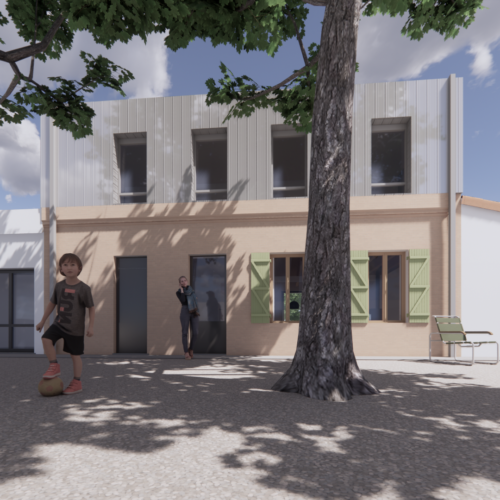 a boy playing with a ball in front of a building