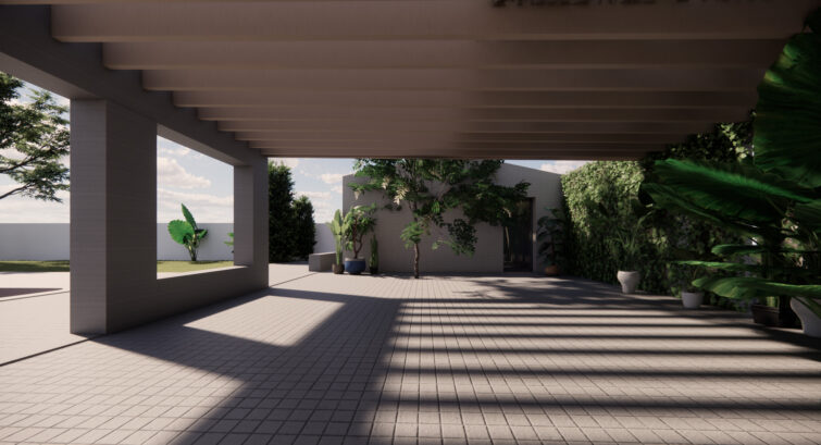 Un patio extérieur moderne avec un sol carrelé, de grandes plantes en pots et des arbres qui projettent des ombres depuis une pergola. Cette maison contemporaine offre un espace ouvert et lumineux avec de la verdure et un ciel dégagé.