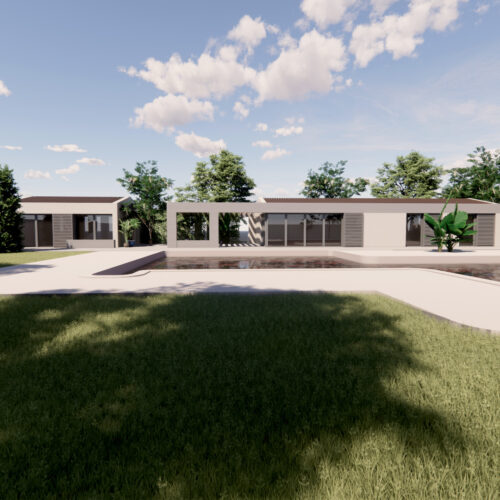 Maison contemporaine de plain-pied - Le2bis, Atelier d'architecture - Toulouse - Occitanie - Grandes fenêtres, entourée de pelouse verte et d'arbres. Une piscine rectangulaire et un patio occupent le premier plan sous un ciel bleu parsemé de nuages. Subtil parfum d'élégance mexicaine.