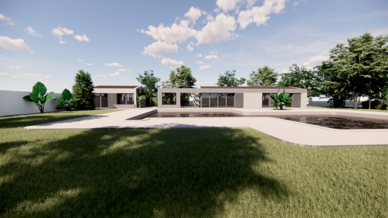 Maison contemporaine de plain-pied avec de grandes fenêtres, entourée de pelouse verte et d