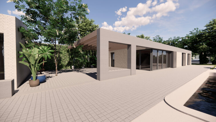 Une maison contemporaine de plain-pied avec de grandes baies vitrées, entourée d