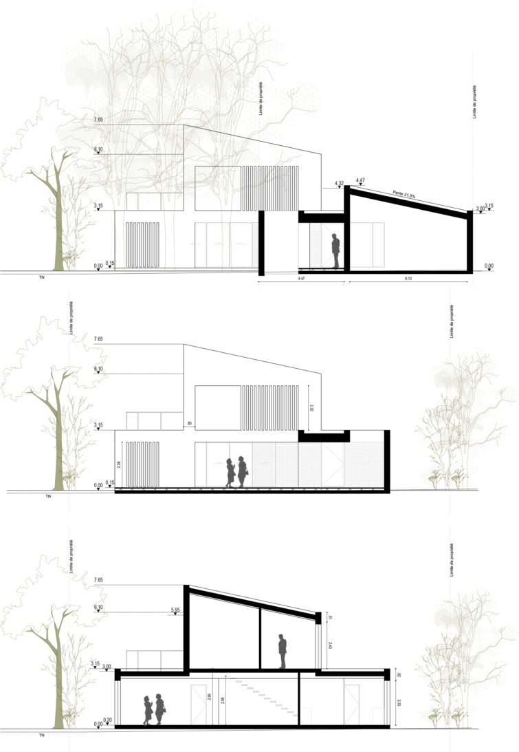 Trois dessins architecturaux en coupe d