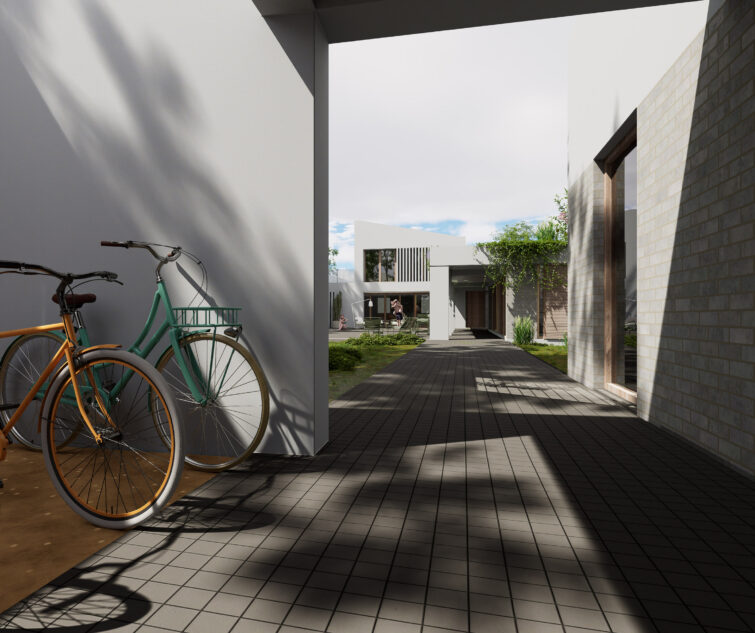 Deux vélos sont garés sur un patio carrelé, à l