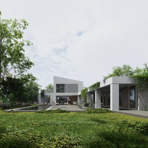 Portfolio 2 Maison contemporaine - Le2bis, Atelier d'architecture et d'urbanisme - Toulouse - Occitanie - Maison contemporaine avec de grandes fenêtres et un design angulaire, entourée d'une végétation luxuriante. Les gens sont rassemblés sur le patio près d'une piscine et le ciel est partiellement nuageux, ce qui crée une atmosphère lumineuse et aérée.