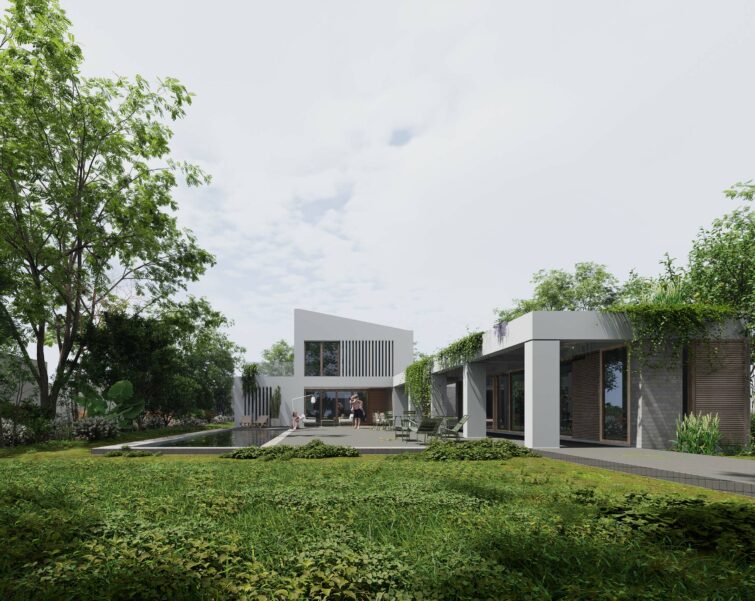 Maison moderne avec de grandes fenêtres et un design angulaire, entourée d